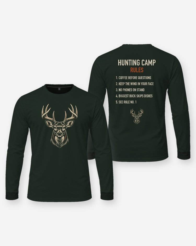 Hunting Camp Rules Whitetail Woodcut Deer Hunting Shirt - Long Sleeve