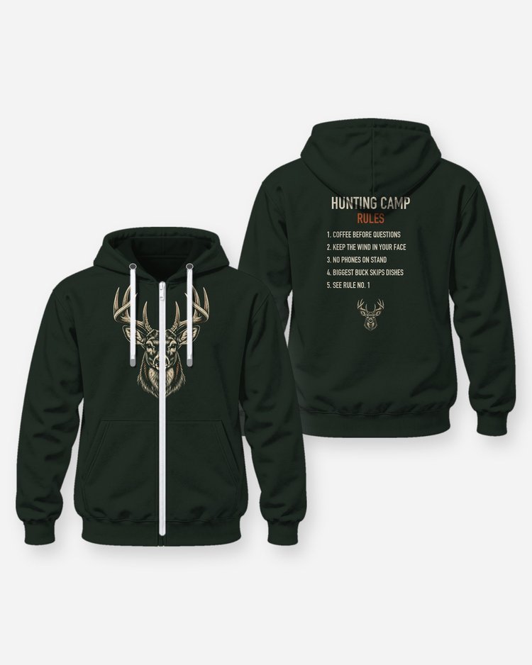 Hunting Camp Rules Whitetail Woodcut Deer Hunting Shirt - Zip Hoodie