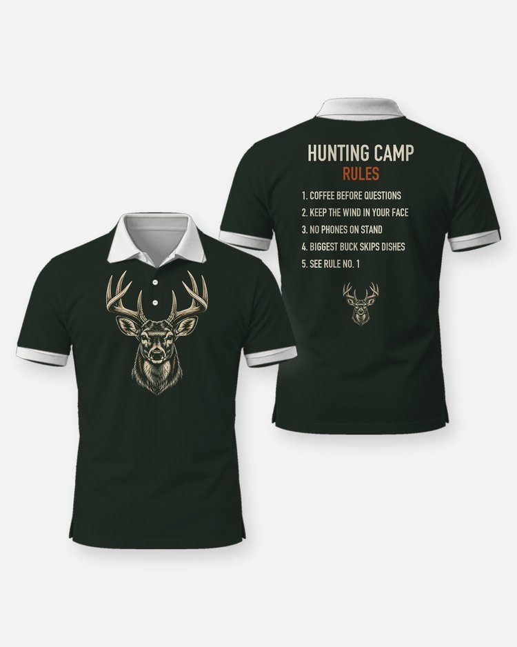 Hunting Camp Rules Whitetail Woodcut Deer Hunting Shirt - Polo