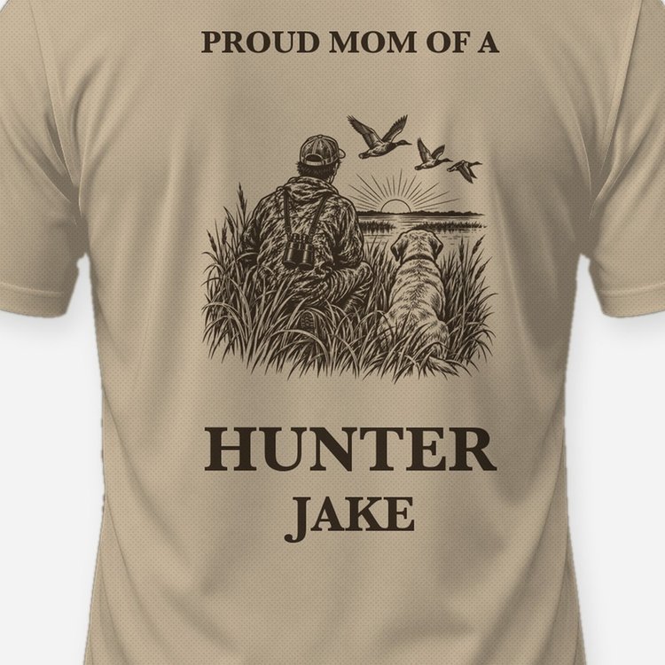 Proud Mom Of A Hunter Custom Name Woodcut Shirt - print close-up