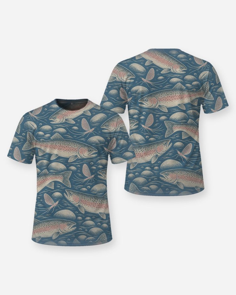Rainbow Trout Mayfly Woodcut All Over Print Fishing Shirt - front and back