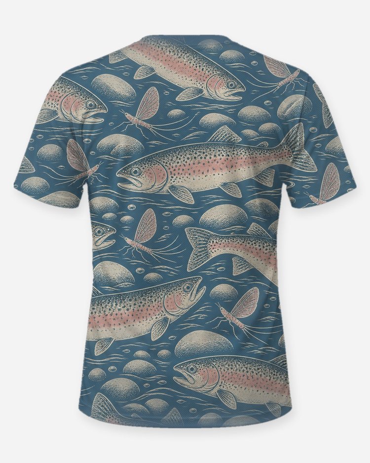 Rainbow Trout Mayfly Woodcut All Over Print Fishing Shirt - back