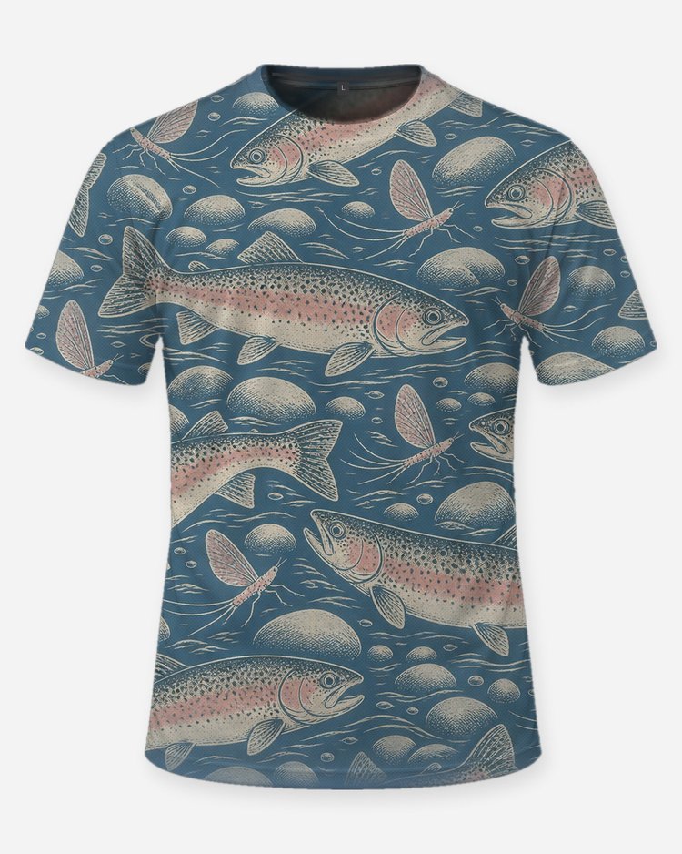 Rainbow Trout Mayfly Woodcut All Over Print Fishing Shirt - front