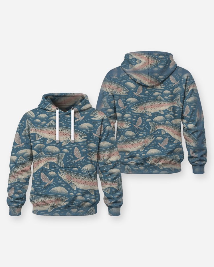 Rainbow Trout Mayfly Woodcut All Over Print Fishing Shirt - Hoodie