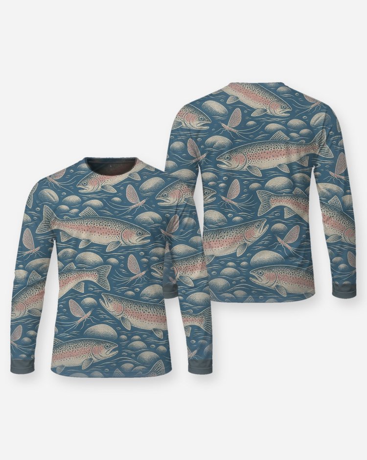 Rainbow Trout Mayfly Woodcut All Over Print Fishing Shirt - Long Sleeve