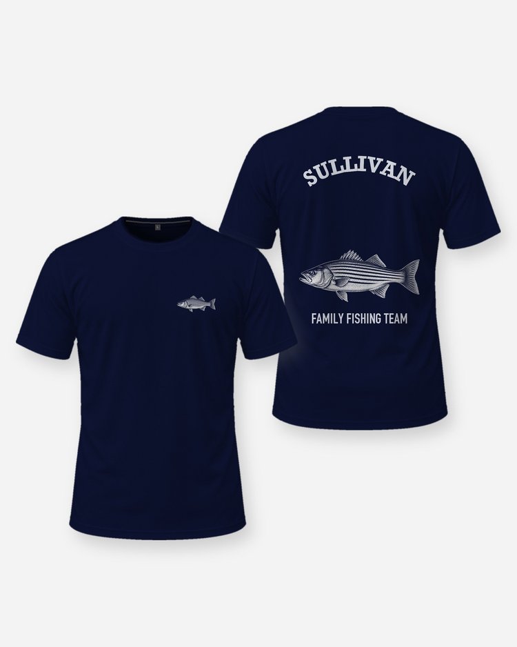 Custom Family Name Striped Bass Fishing Team Shirt - front and back