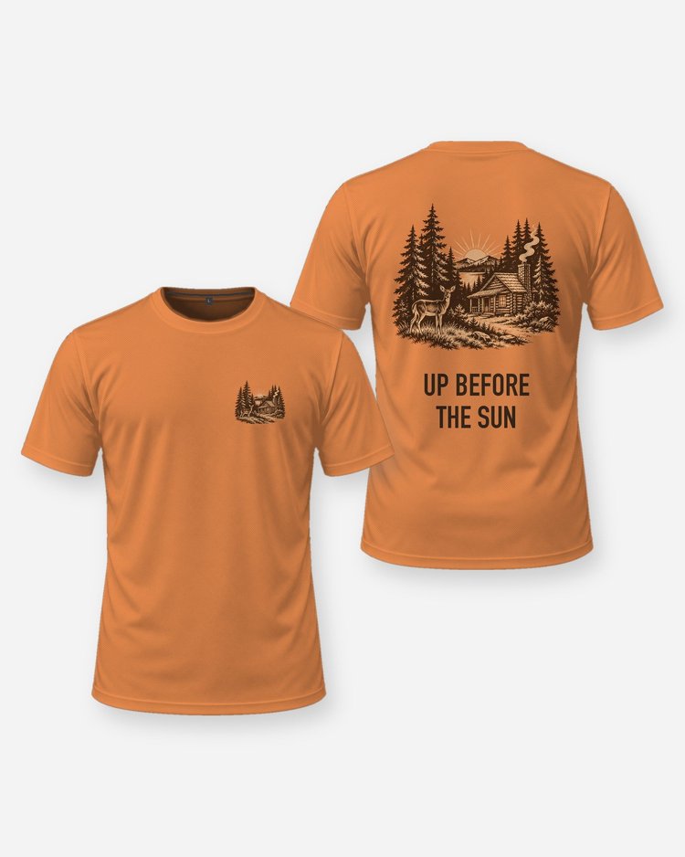 Up Before The Sun Hunting Cabin Woodcut Blaze Orange Shirt - front and back