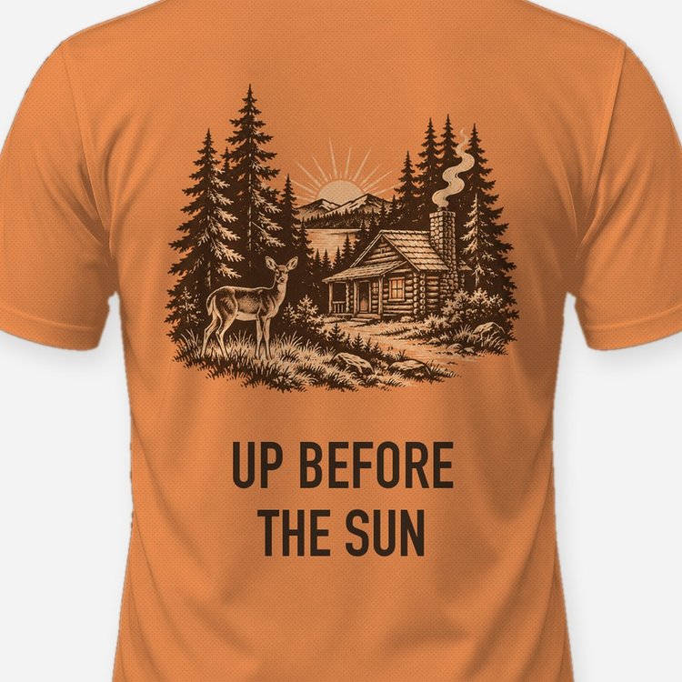 Up Before The Sun Hunting Cabin Woodcut Blaze Orange Shirt - print close-up