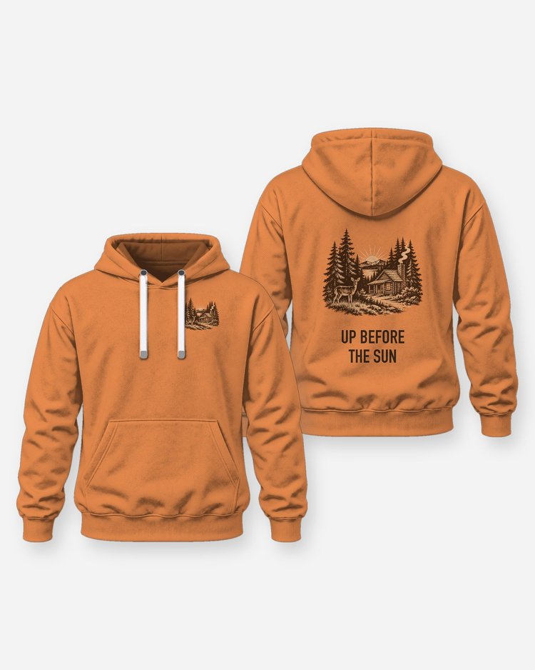 Up Before The Sun Hunting Cabin Woodcut Blaze Orange Shirt - Hoodie