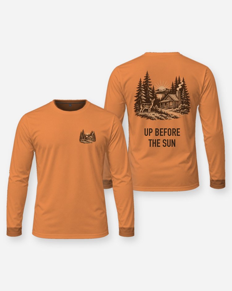 Up Before The Sun Hunting Cabin Woodcut Blaze Orange Shirt - Long Sleeve