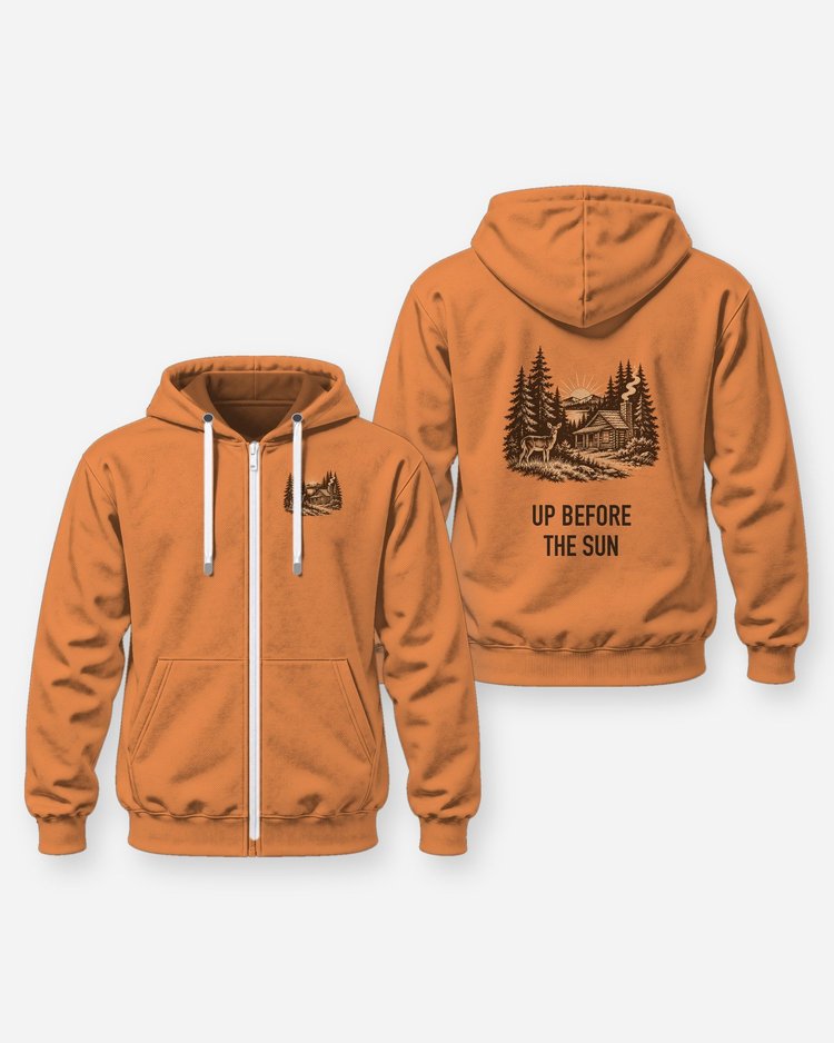Up Before The Sun Hunting Cabin Woodcut Blaze Orange Shirt - Zip Hoodie