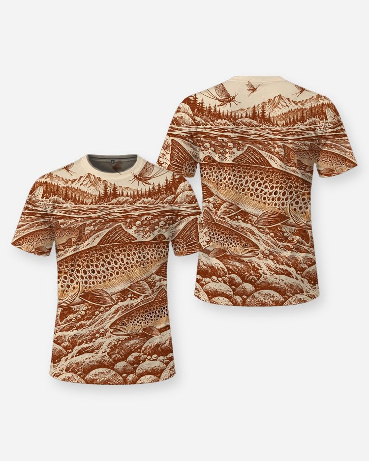 Brown Trout Mayfly Rust Woodcut All Over Print Fishing Shirt - front and back