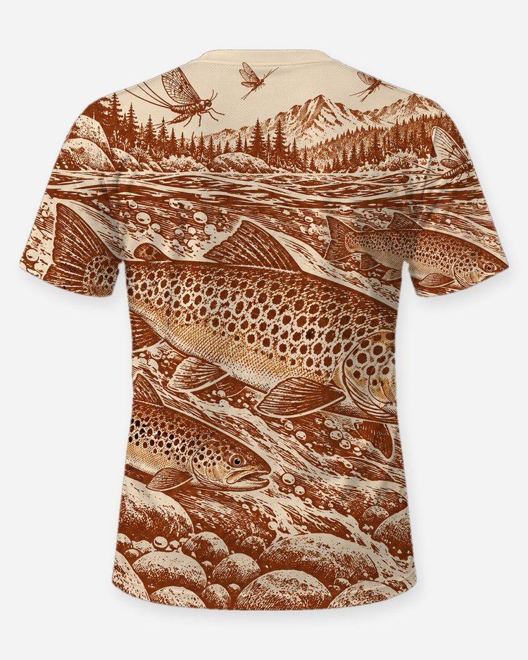 Brown Trout Mayfly Rust Woodcut All Over Print Fishing Shirt - back