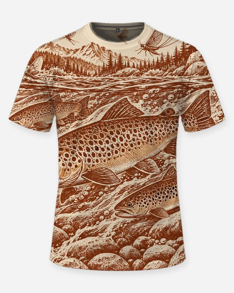 Brown Trout Mayfly Rust Woodcut All Over Print Fishing Shirt - front