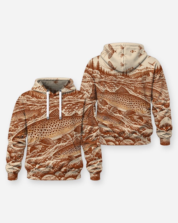 Brown Trout Mayfly Rust Woodcut All Over Print Fishing Shirt - Hoodie