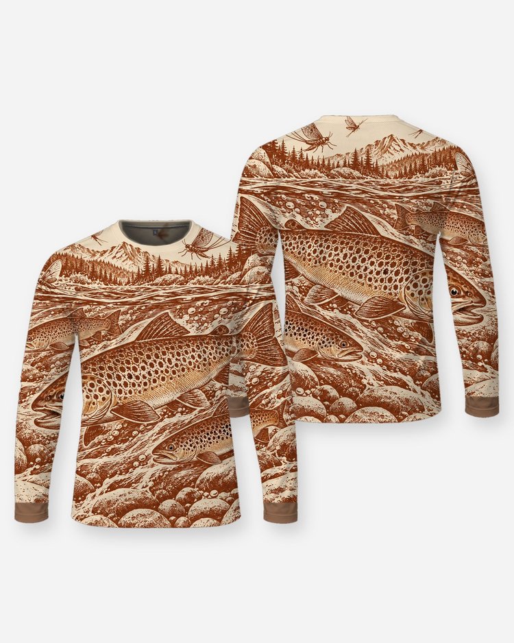 Brown Trout Mayfly Rust Woodcut All Over Print Fishing Shirt - Long Sleeve