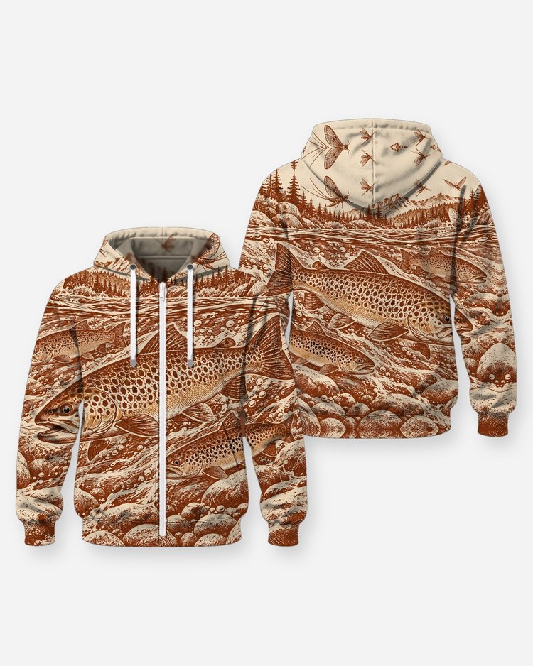 Brown Trout Mayfly Rust Woodcut All Over Print Fishing Shirt - Zip Hoodie