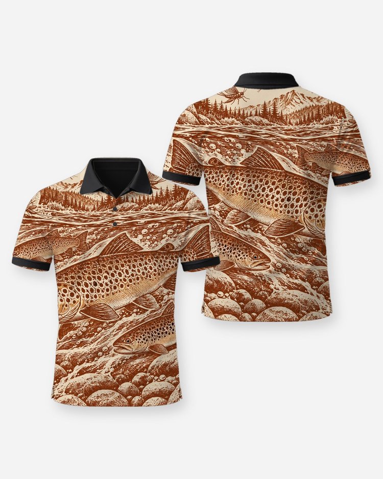 Brown Trout Mayfly Rust Woodcut All Over Print Fishing Shirt - Polo