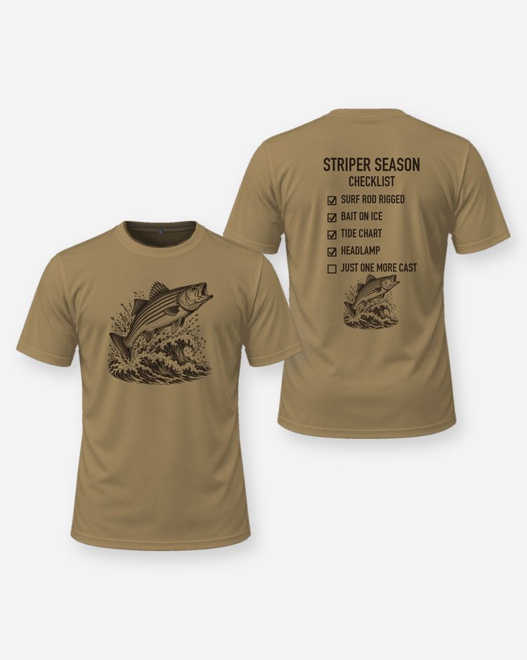 Striper Season Checklist Woodcut Surf Fishing Shirt - front and back
