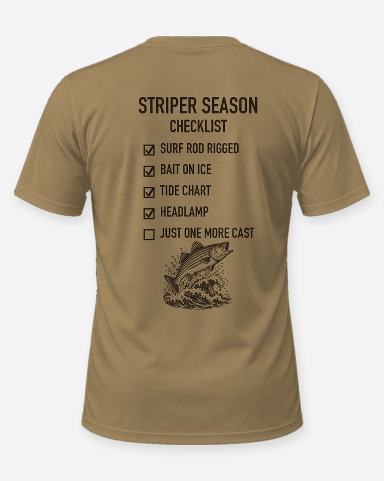 Striper Season Checklist Woodcut Surf Fishing Shirt - back