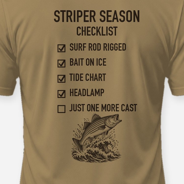 Striper Season Checklist Woodcut Surf Fishing Shirt - print close-up