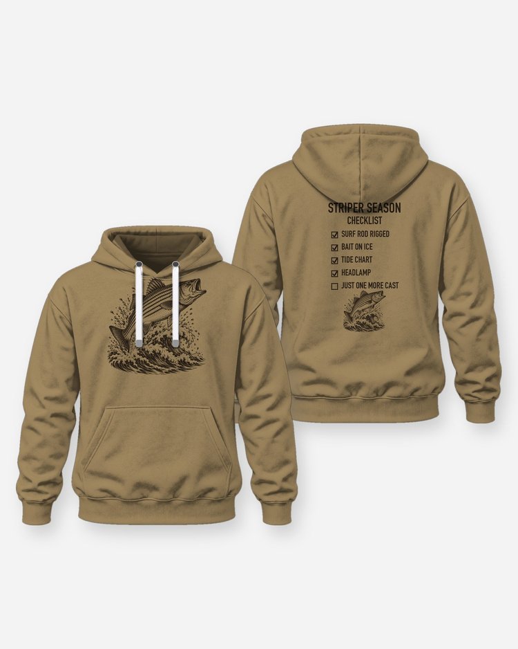 Striper Season Checklist Woodcut Surf Fishing Shirt - Hoodie