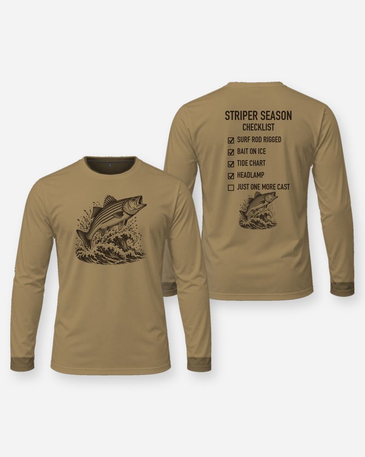 Striper Season Checklist Woodcut Surf Fishing Shirt - Long Sleeve