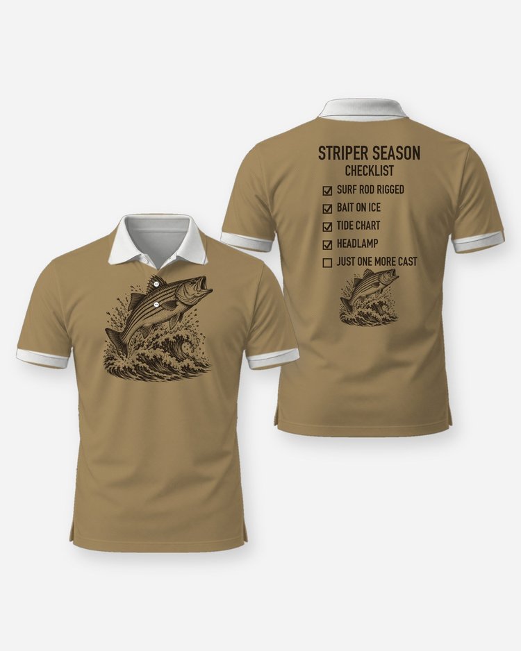 Striper Season Checklist Woodcut Surf Fishing Shirt - Polo