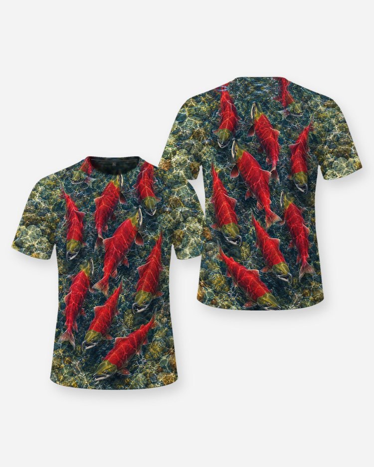 Sockeye Salmon Run All Over Print Fishing Shirt - front and back