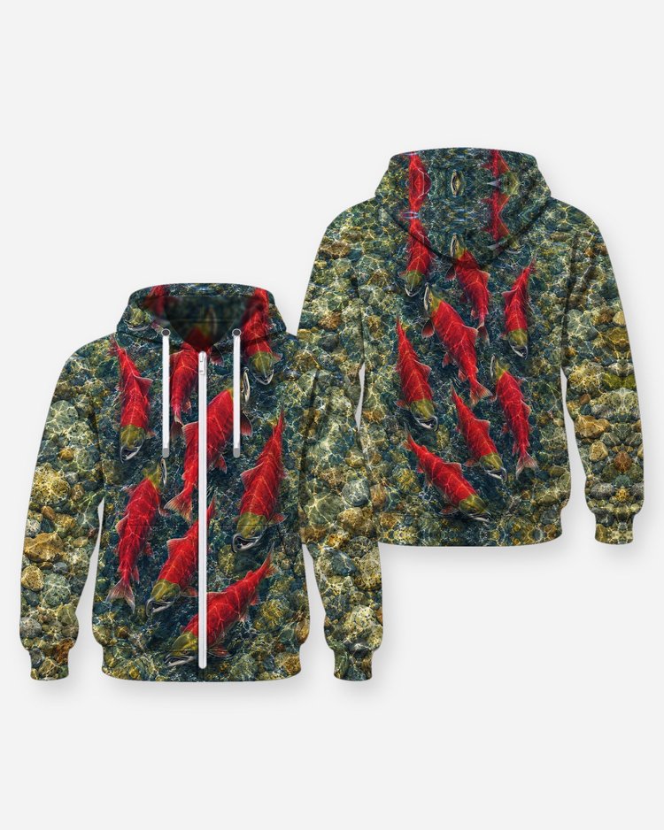 Sockeye Salmon Run All Over Print Fishing Shirt - Zip Hoodie