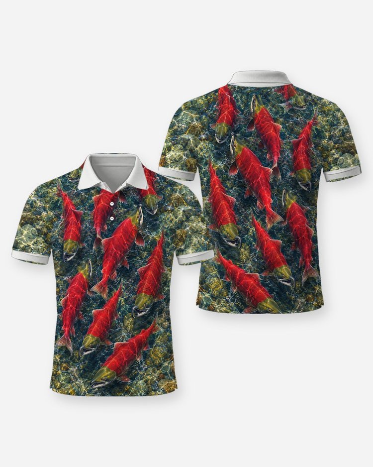 Sockeye Salmon Run All Over Print Fishing Shirt - Polo