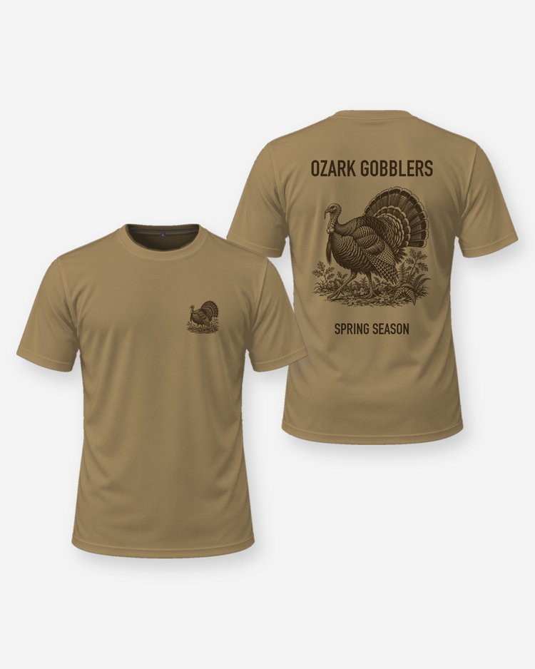 Ozark Gobblers Spring Season Strutting Turkey Hunting Shirt - front and back