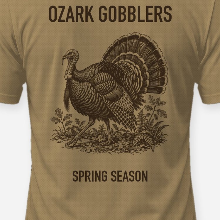 Ozark Gobblers Spring Season Strutting Turkey Hunting Shirt - print close-up