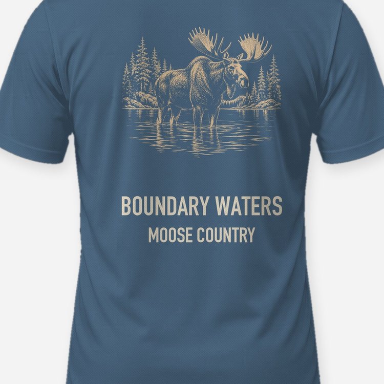 Boundary Waters Moose Country Woodcut Souvenir Shirt - print close-up