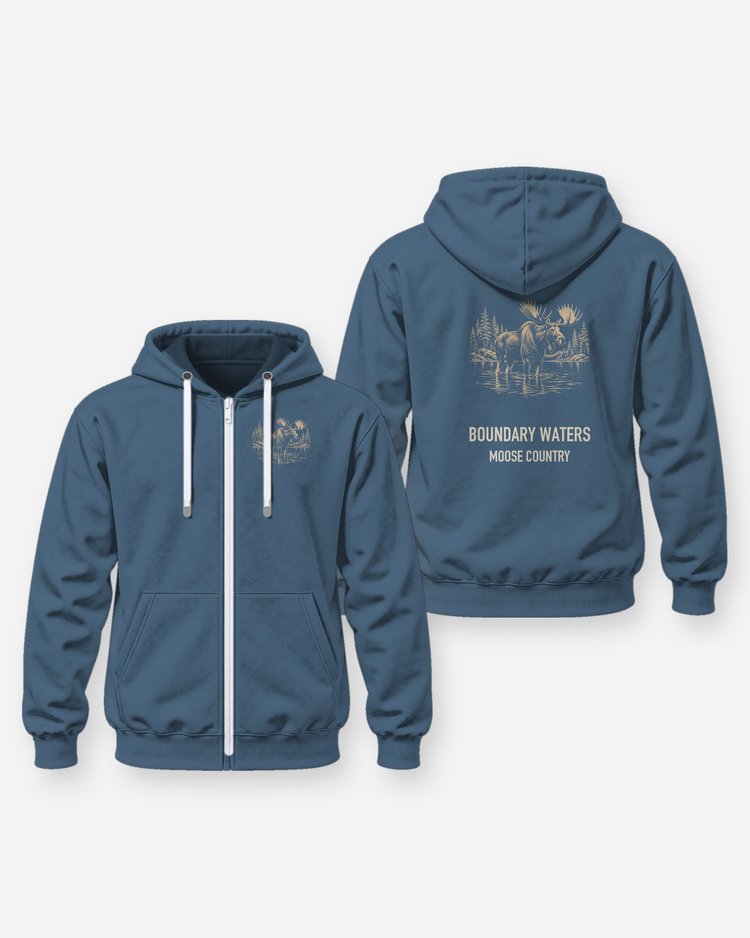 Boundary Waters Moose Country Woodcut Souvenir Shirt - Zip Hoodie