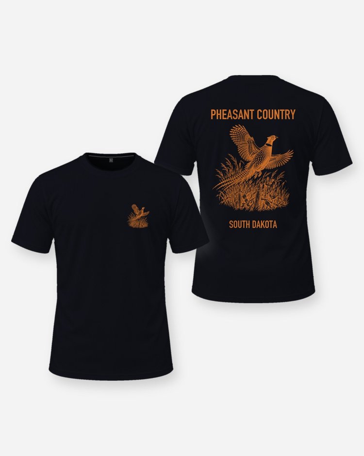 Pheasant Country South Dakota Rooster Flush Woodcut Shirt - front and back