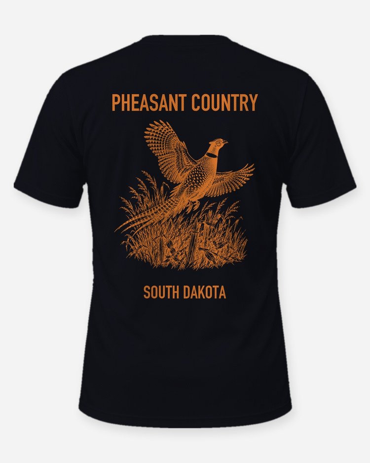 Pheasant Country South Dakota Rooster Flush Woodcut Shirt - back