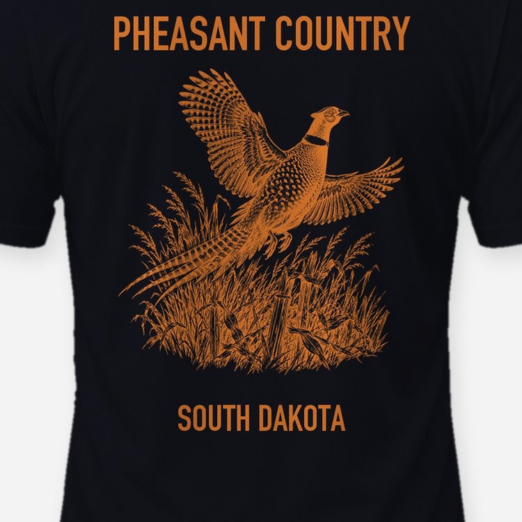 Pheasant Country South Dakota Rooster Flush Woodcut Shirt - print close-up