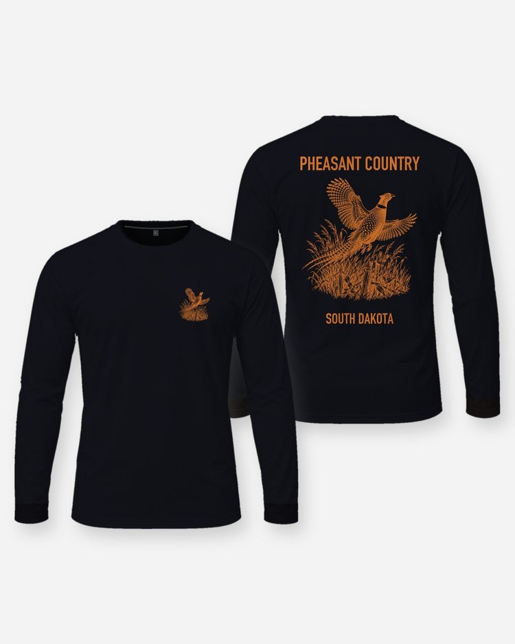 Pheasant Country South Dakota Rooster Flush Woodcut Shirt - Long Sleeve