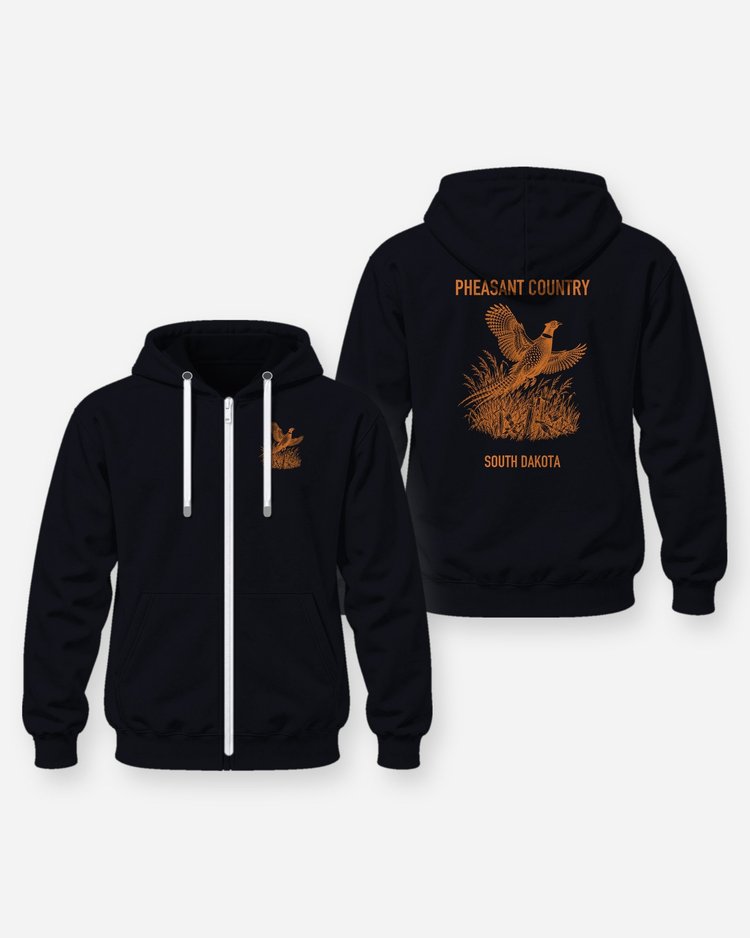 Pheasant Country South Dakota Rooster Flush Woodcut Shirt - Zip Hoodie