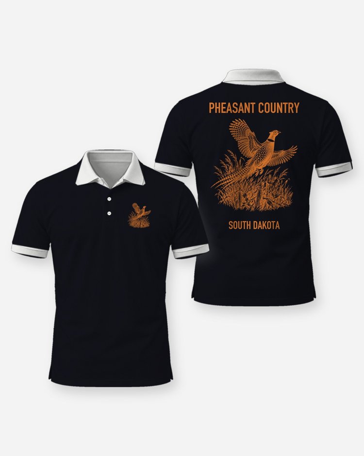 Pheasant Country South Dakota Rooster Flush Woodcut Shirt - Polo
