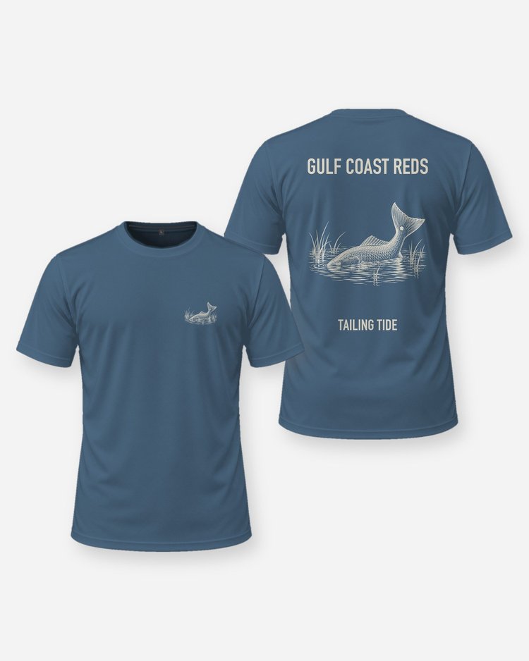 Gulf Coast Reds Tailing Redfish Woodcut Fishing Shirt - front and back