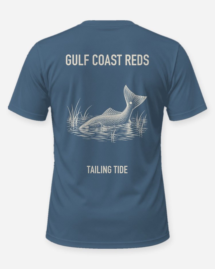 Gulf Coast Reds Tailing Redfish Woodcut Fishing Shirt - back