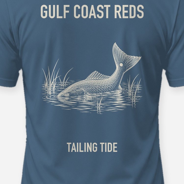 Gulf Coast Reds Tailing Redfish Woodcut Fishing Shirt - print close-up