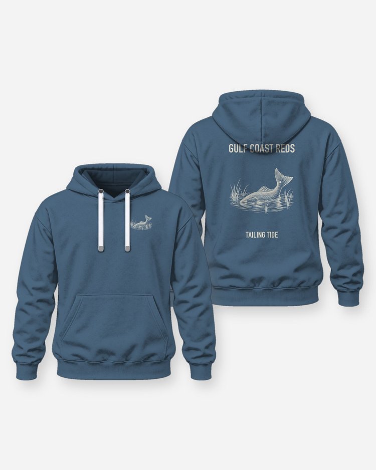 Gulf Coast Reds Tailing Redfish Woodcut Fishing Shirt - Hoodie