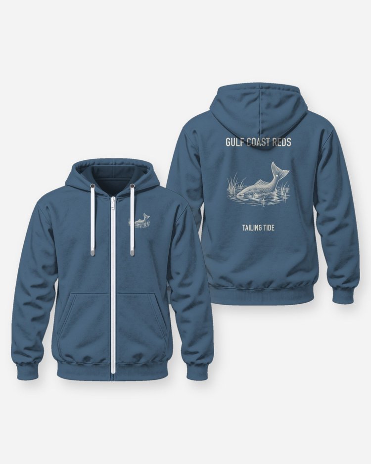 Gulf Coast Reds Tailing Redfish Woodcut Fishing Shirt - Zip Hoodie