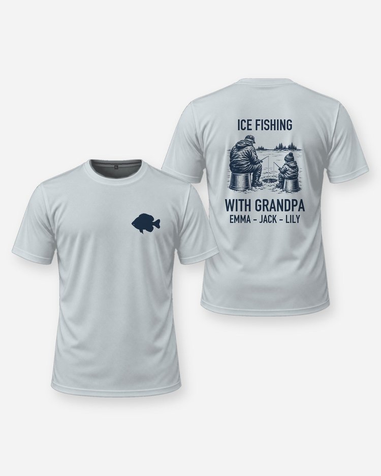 Ice Fishing With Grandpa Custom Grandkids Names Shirt - front and back
