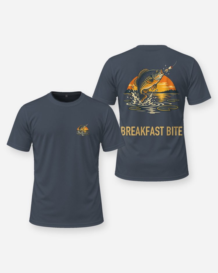 Breakfast Bite Retro Bass Popper Sunrise Fishing Shirt - front and back