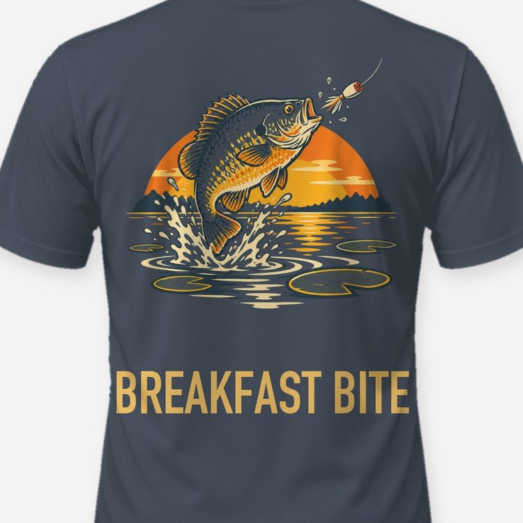 Breakfast Bite Retro Bass Popper Sunrise Fishing Shirt - print close-up
