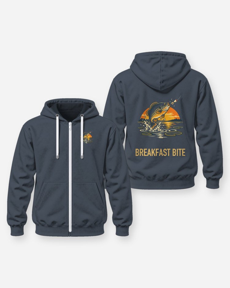 Breakfast Bite Retro Bass Popper Sunrise Fishing Shirt - Zip Hoodie